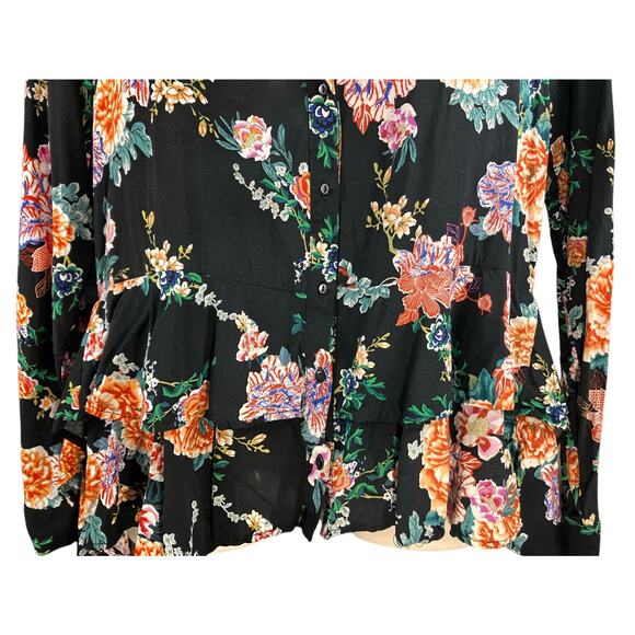 For The Republic Women's Black W/ Floral Hi/Low Hem Long Slv Button Front Top L - Picture 5 of 8